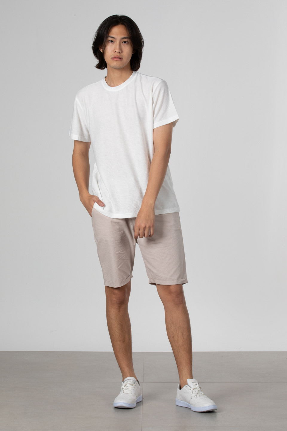 Çizgili gofre bisiklet yaka t-shirt-8027 Beyaz
