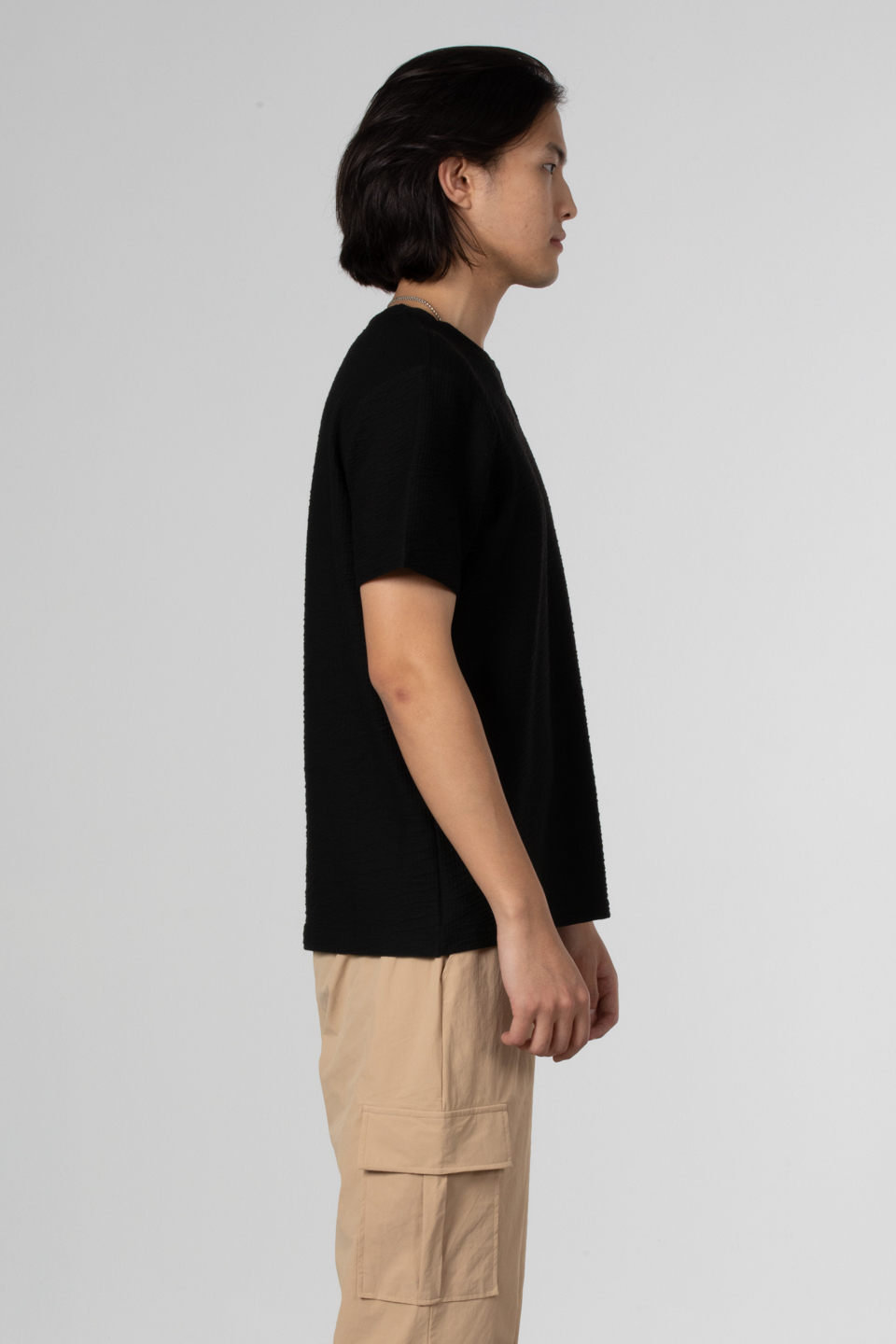 Çizgili gofre bisiklet yaka t-shirt-8027 Siyah