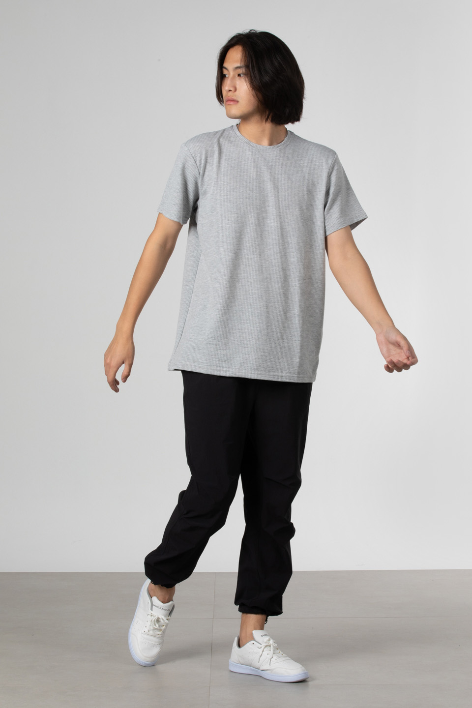 Çizgili gofre bisiklet yaka t-shirt-8027 Gri Melanj