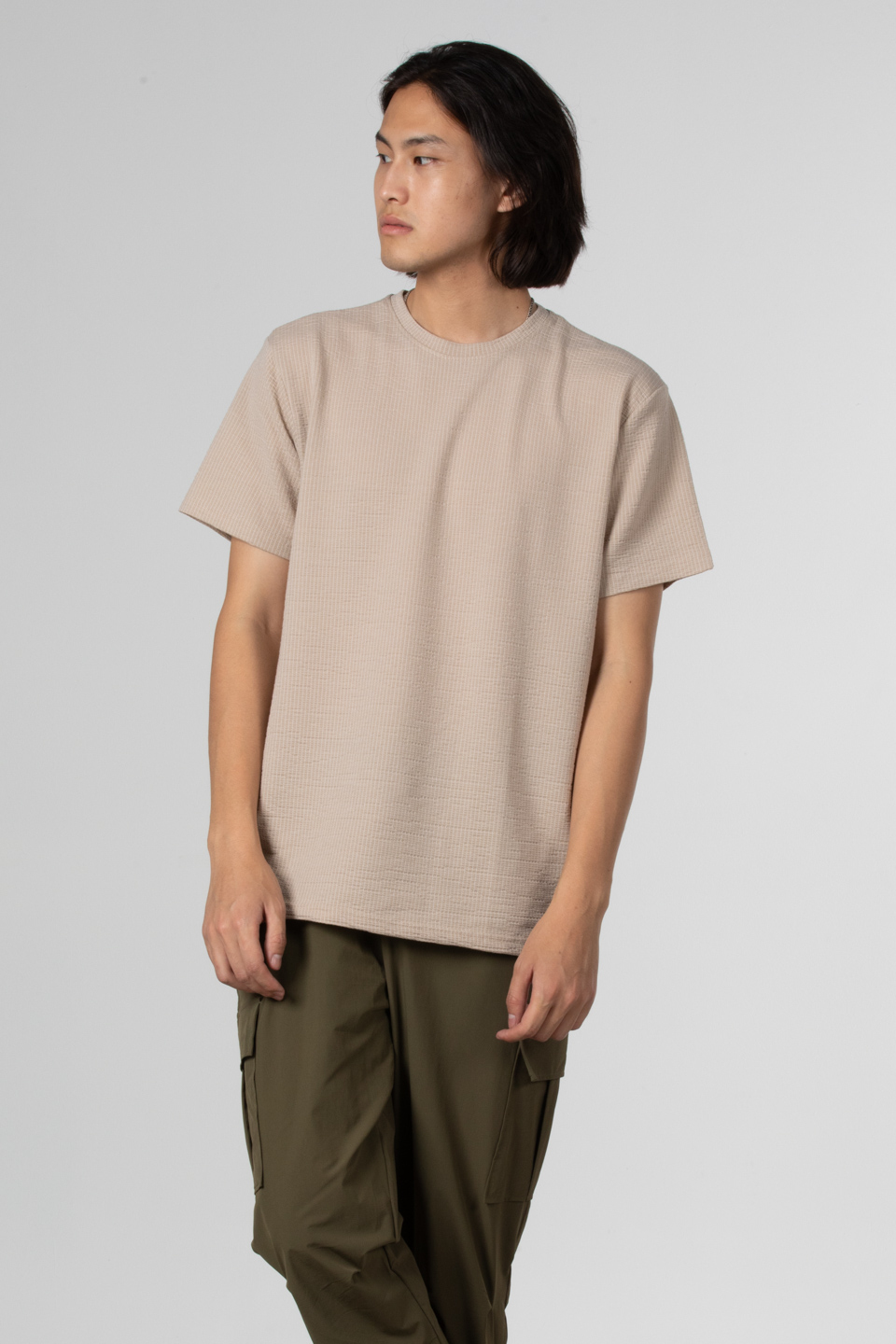 Çizgili gofre bisiklet yaka t-shirt-8027 Taş