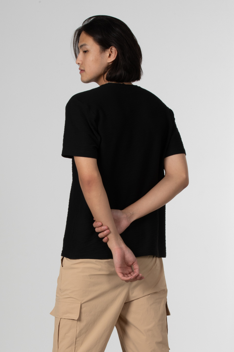Çizgili gofre bisiklet yaka t-shirt-8027 Siyah