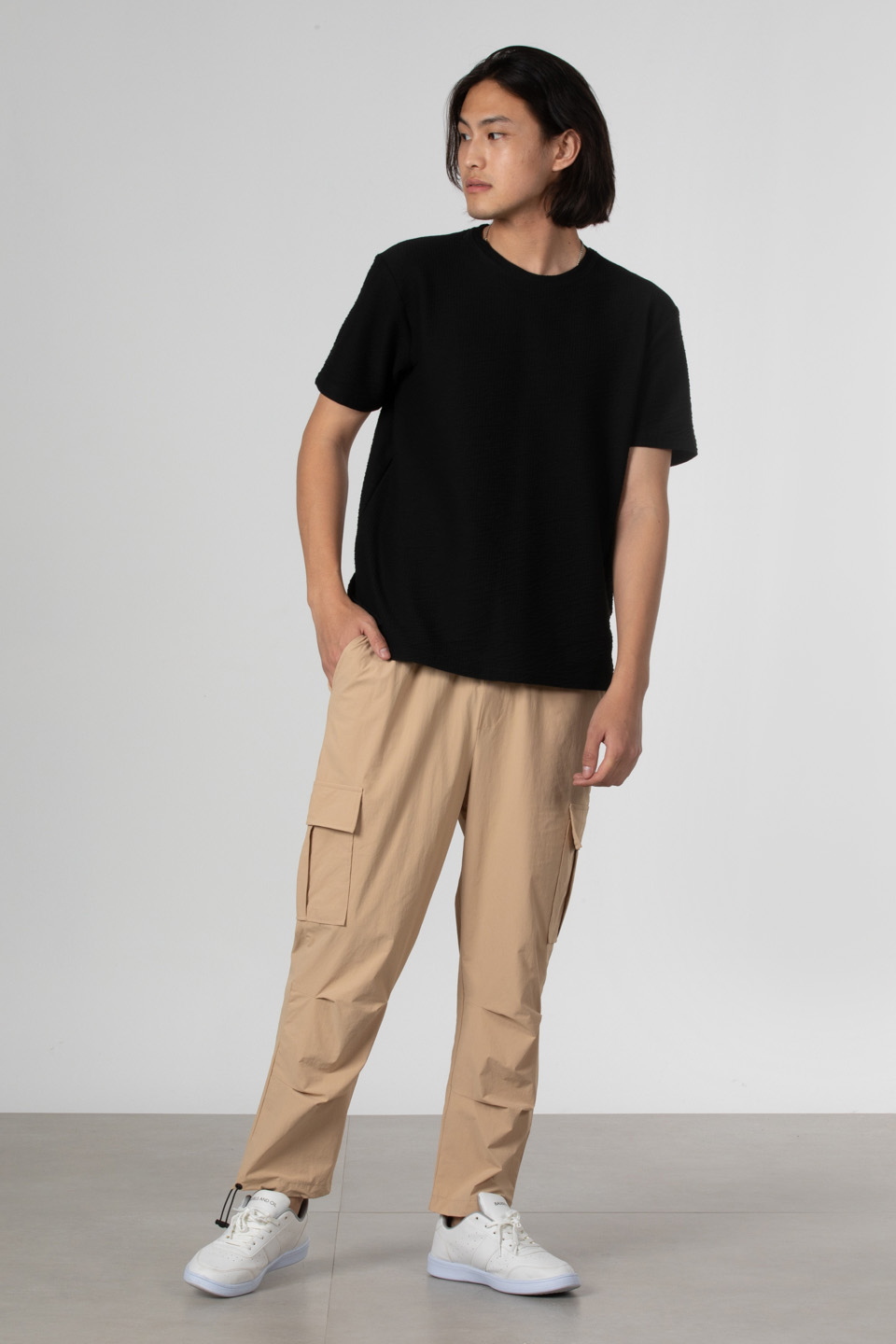 Çizgili gofre bisiklet yaka t-shirt-8027 Siyah