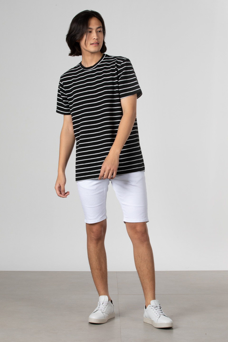 Çizgili gofre t-shirt-8028 Siyah/Beyaz