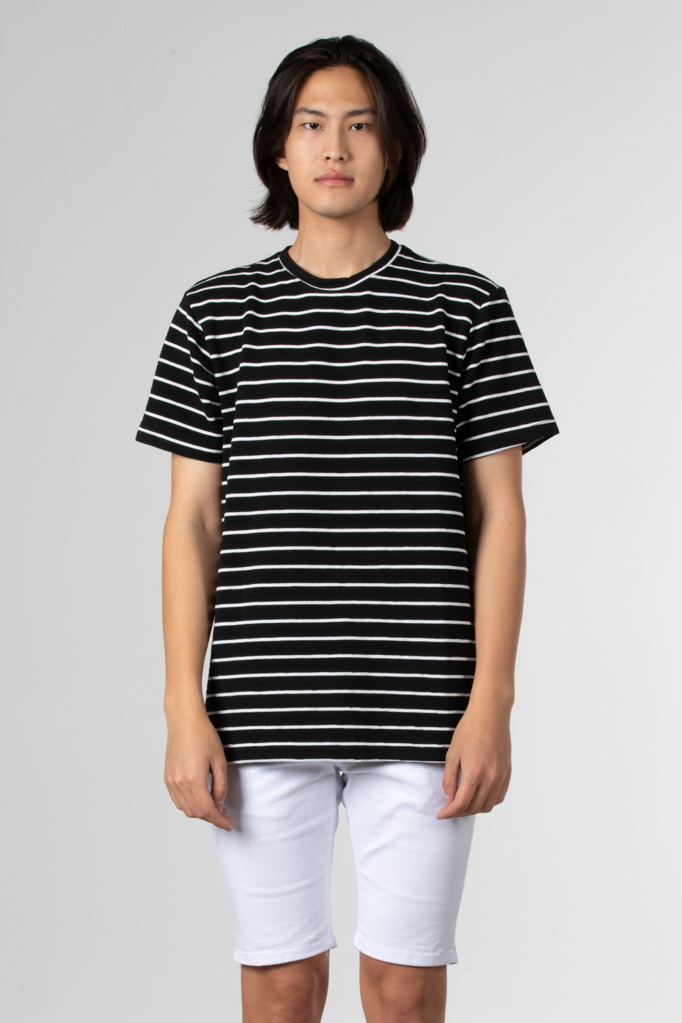 Çizgili gofre t-shirt-8028 Siyah/Beyaz
