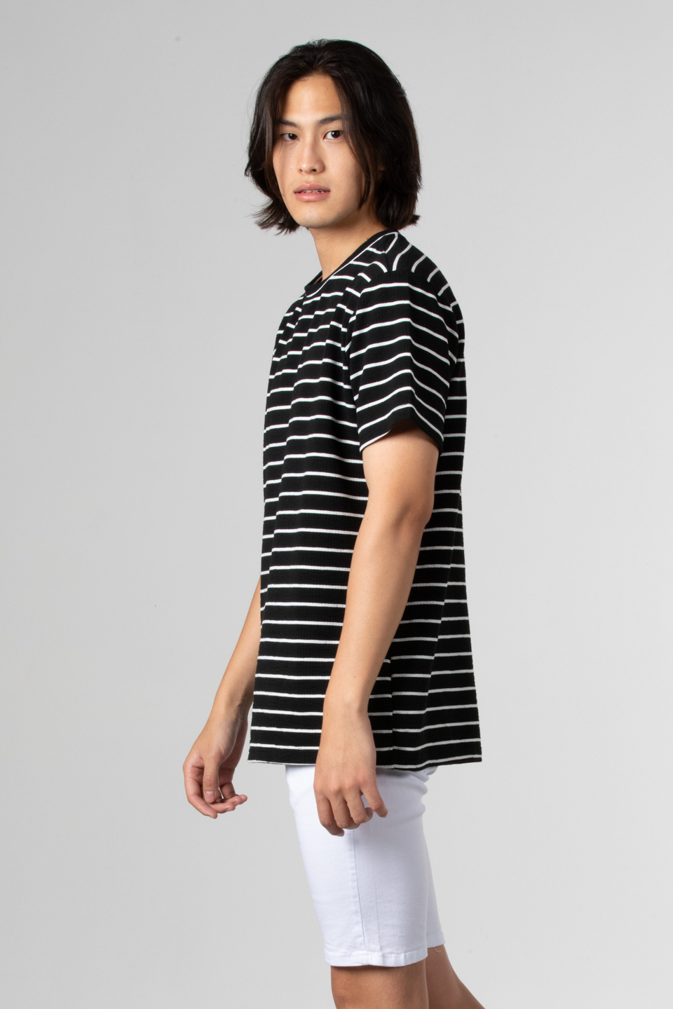 Çizgili gofre t-shirt-8028 Siyah/Beyaz