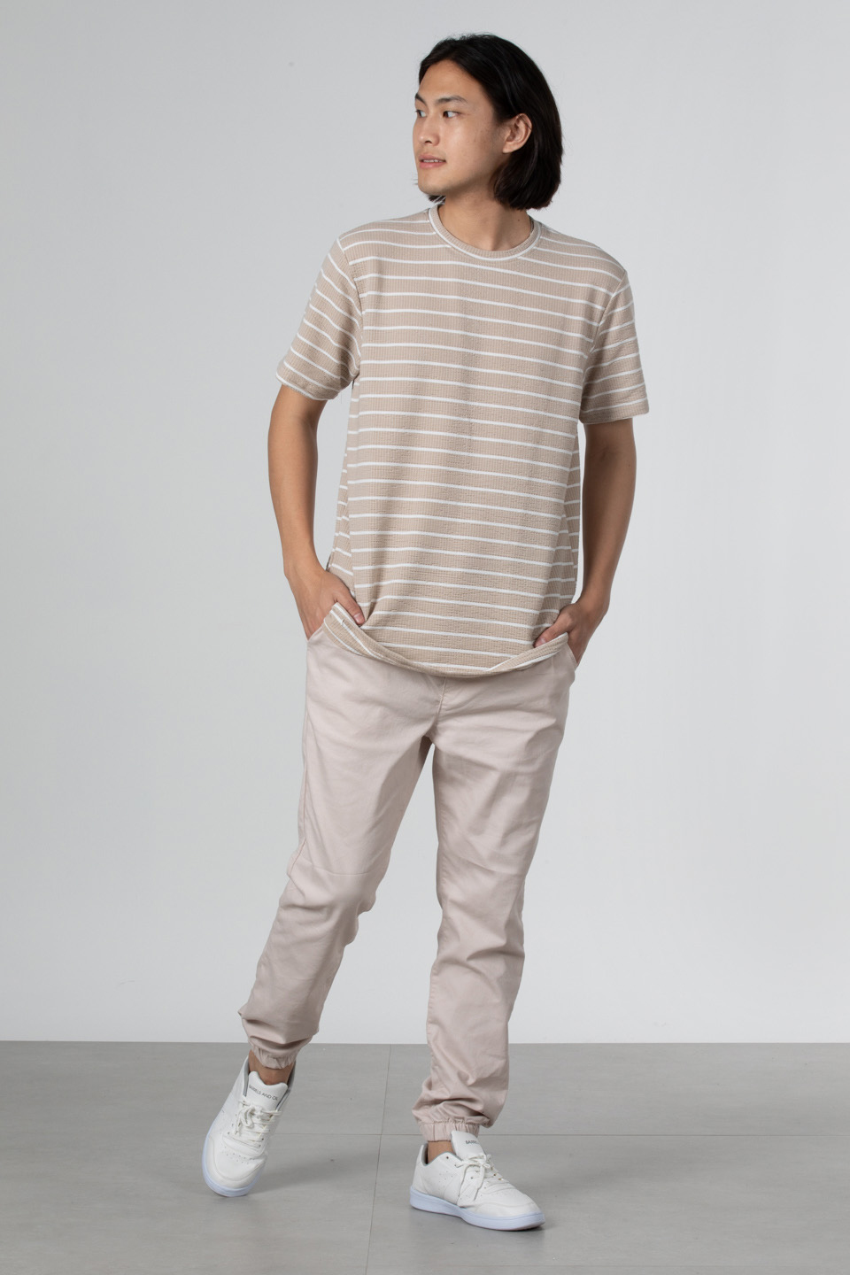 Çizgili gofre t-shirt-8028 Taş/Beyaz