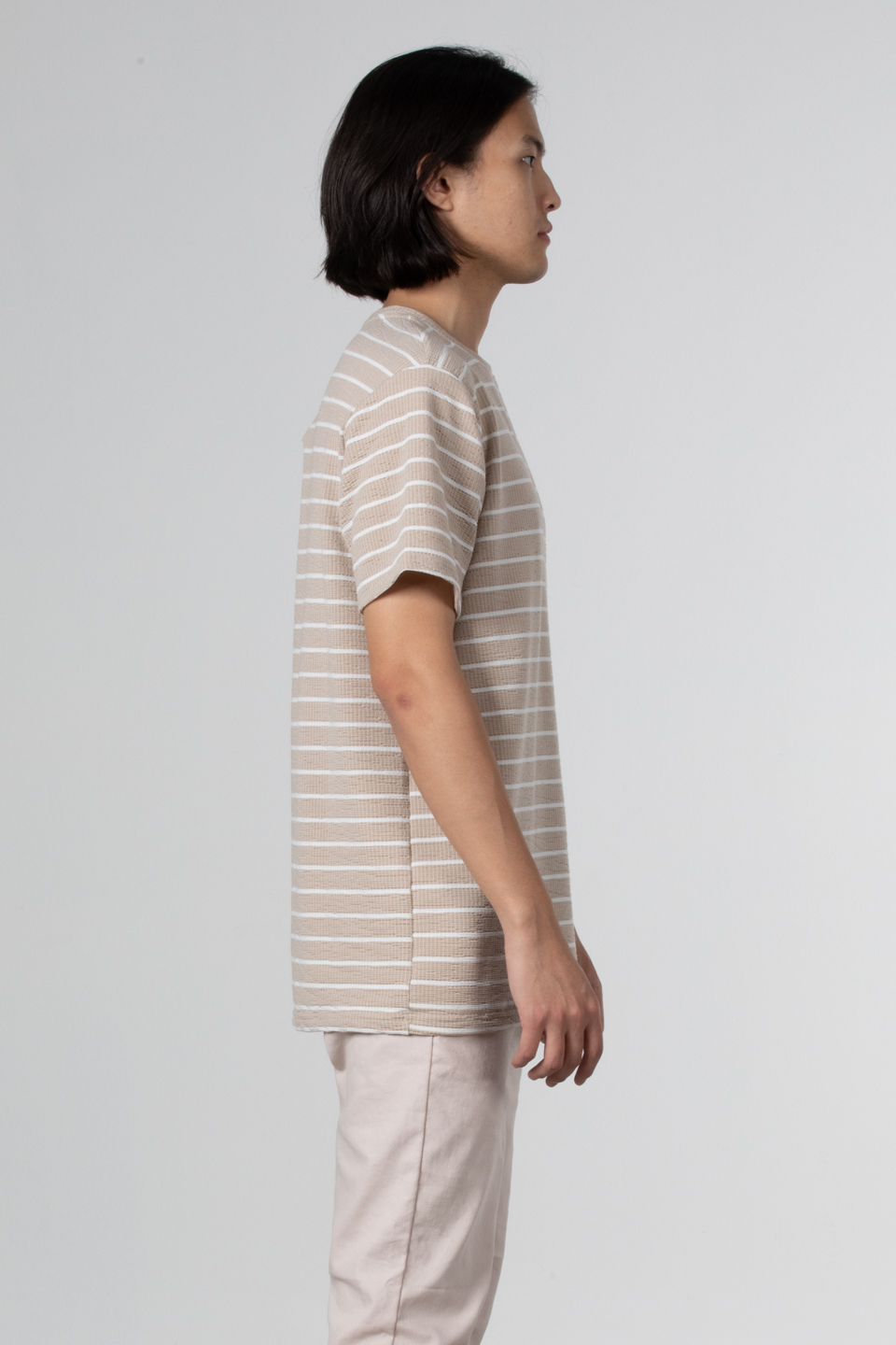 Çizgili gofre t-shirt-8028 Taş/Beyaz
