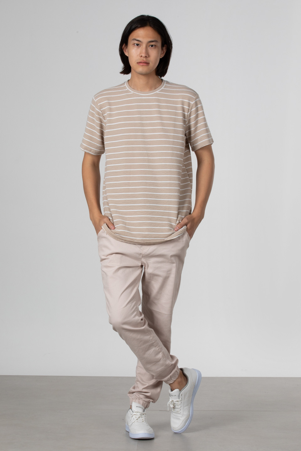 Çizgili gofre t-shirt-8028 Taş/Beyaz