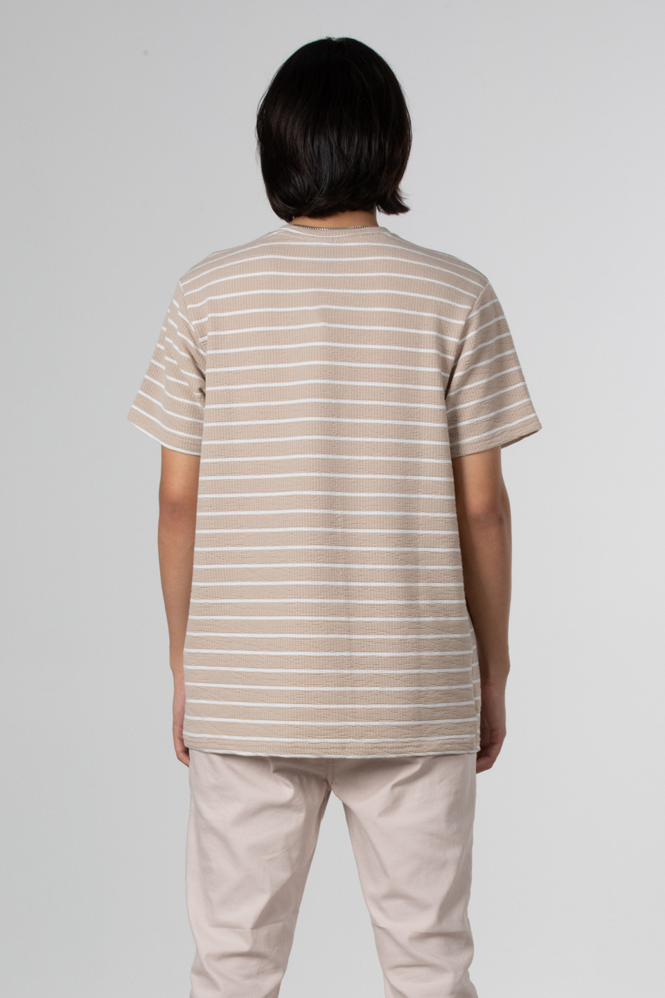 Çizgili gofre t-shirt-8028 Taş/Beyaz