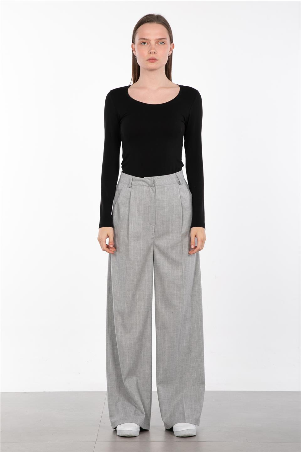 Çizgili palazzo pantolon-3433 A.Gri