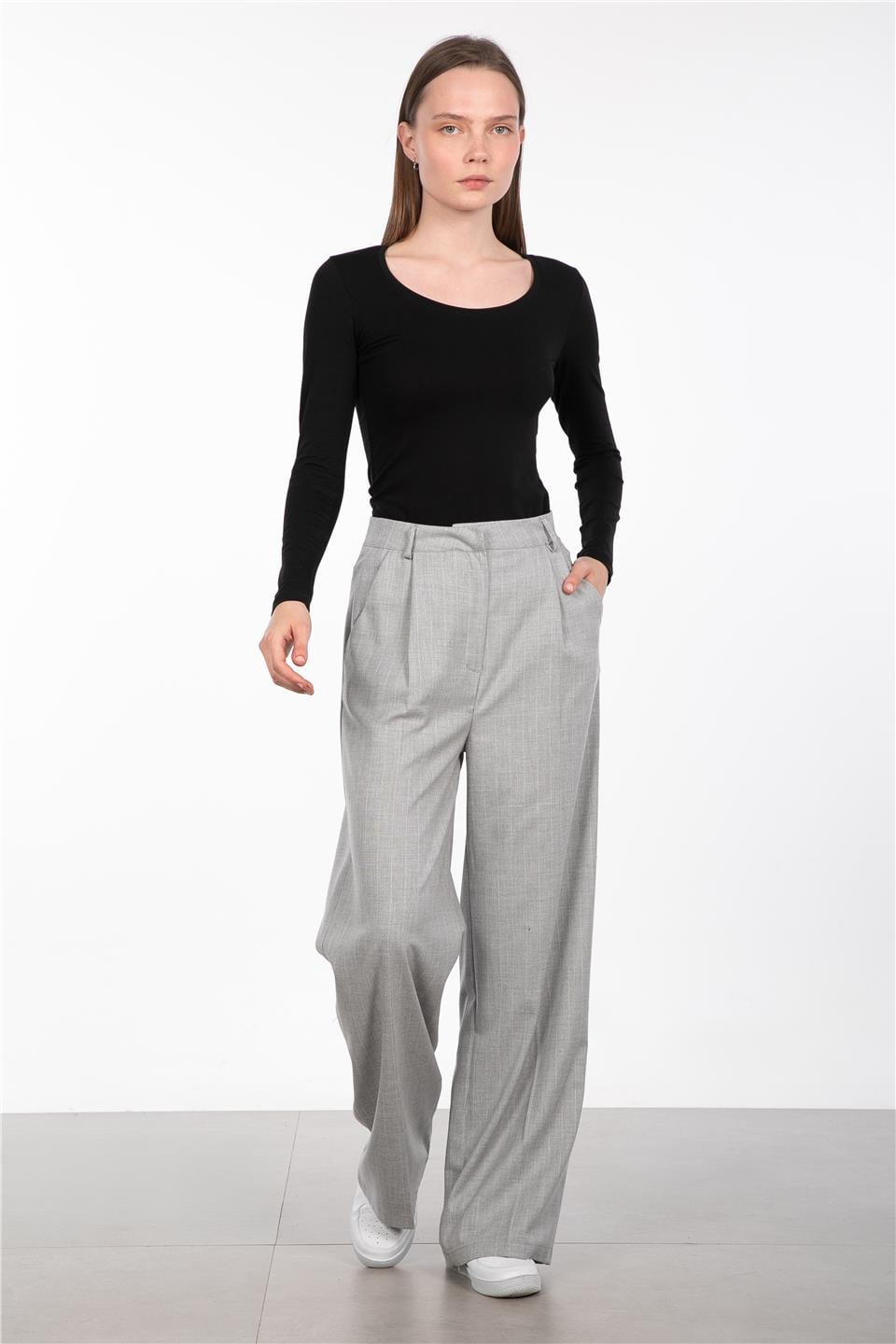 Çizgili palazzo pantolon-3433 A.Gri