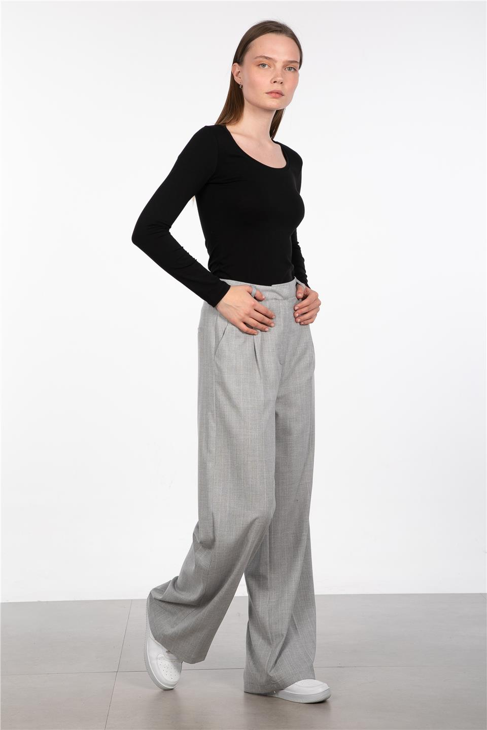 Çizgili palazzo pantolon-3433 A.Gri