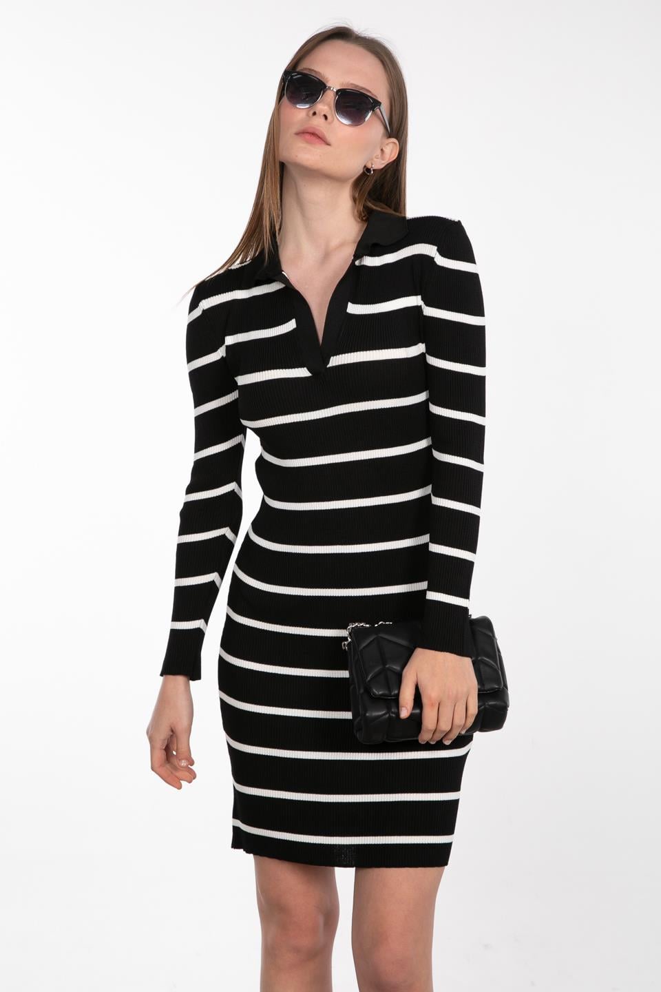 Çizgili polo yaka elbise-4124 Siyah/Beyaz