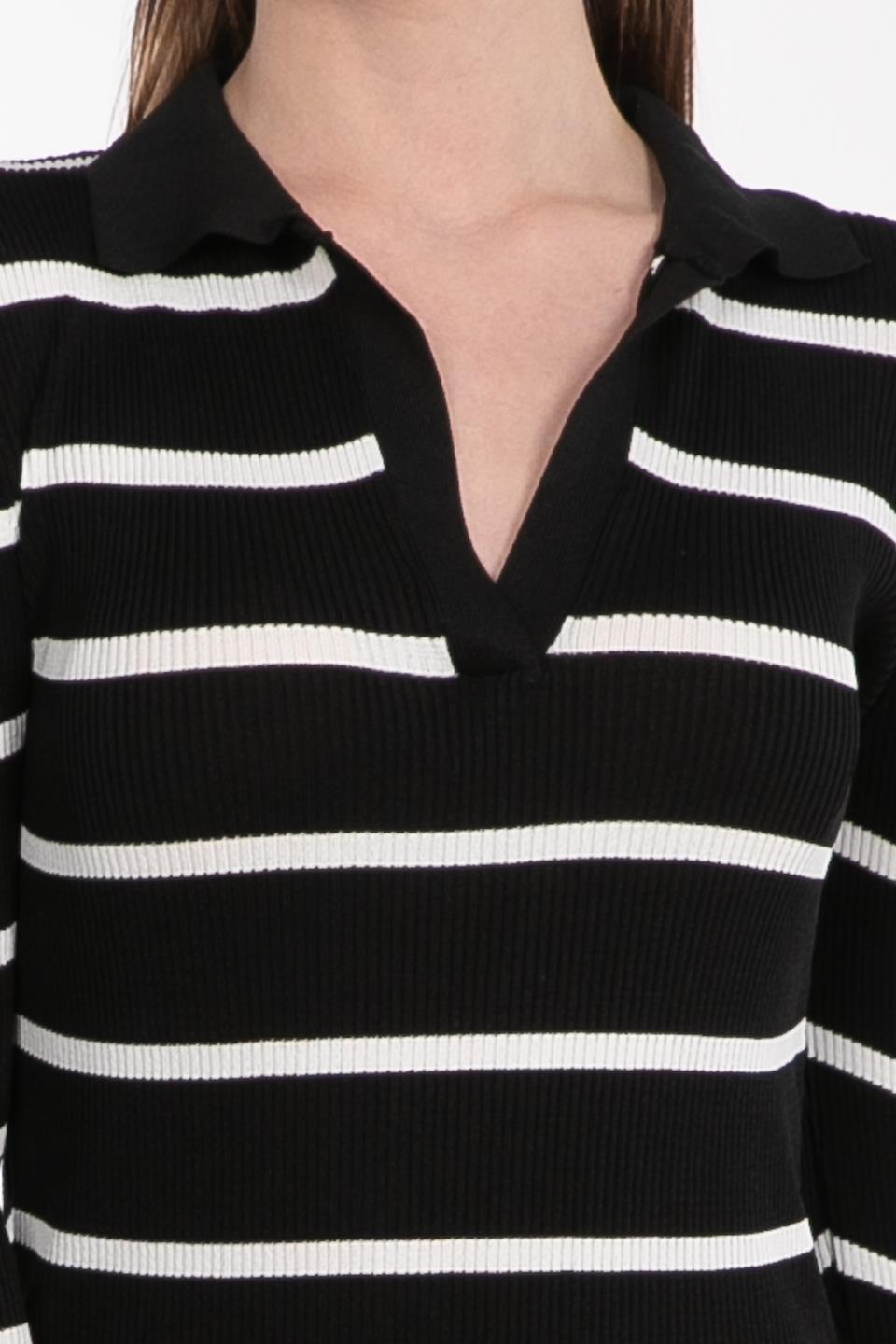 Çizgili polo yaka elbise-4124 Siyah/Beyaz