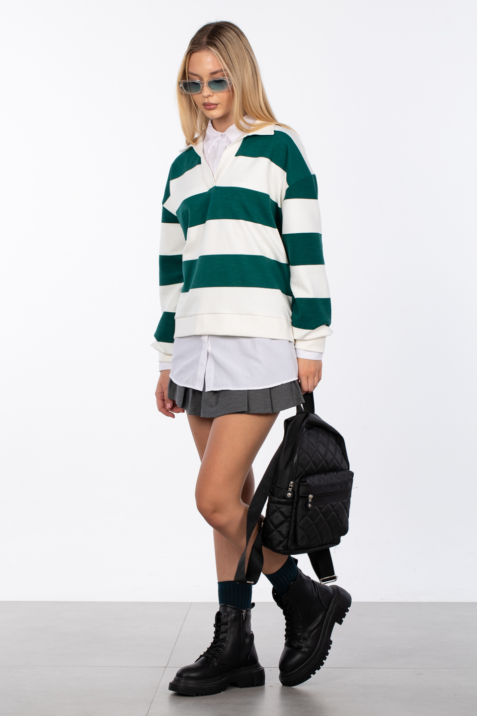 Çizgili polo yaka sweatshirt-99-381 Ekru/K.Yeşil