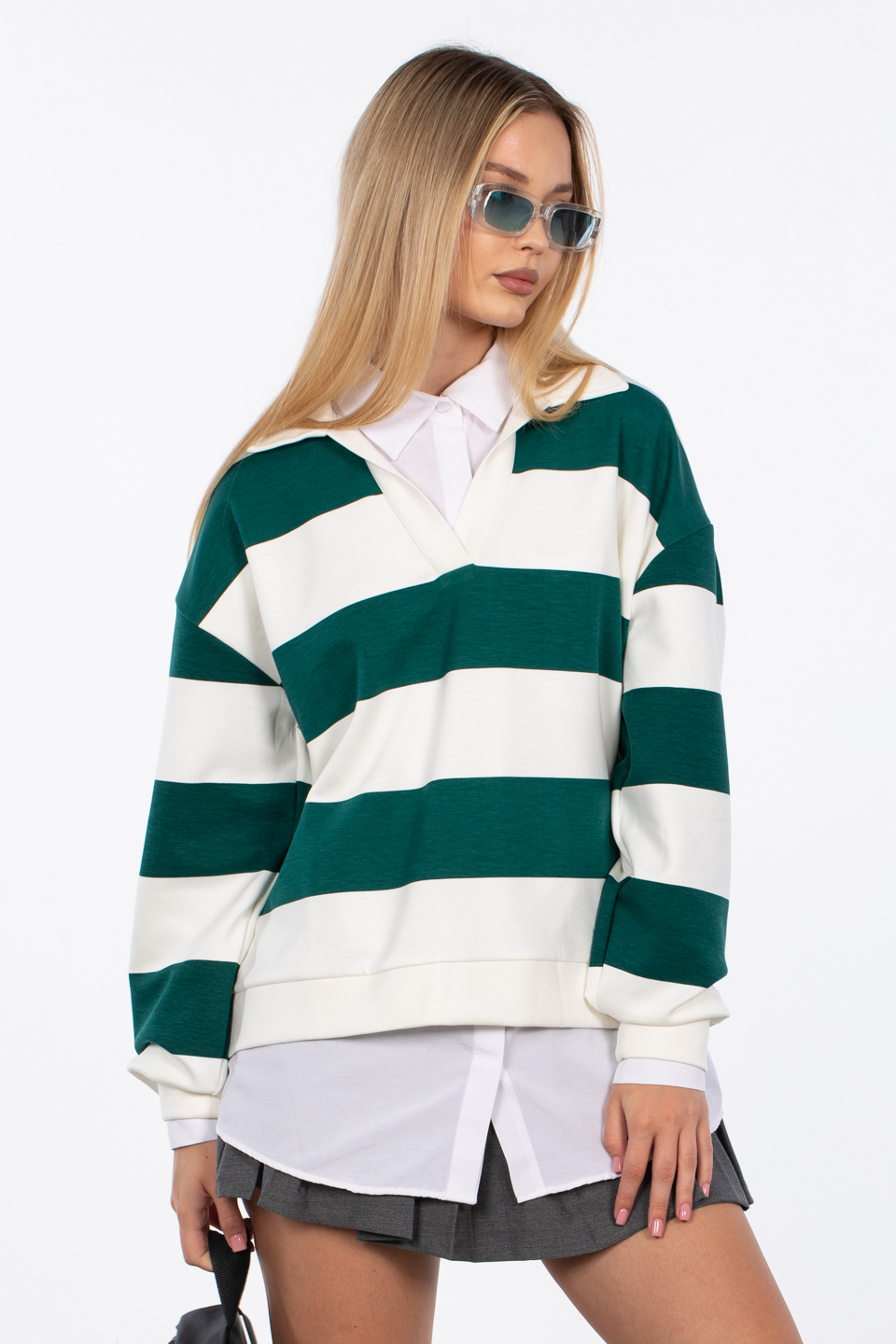 Çizgili polo yaka sweatshirt-99-381 Ekru/K.Yeşil
