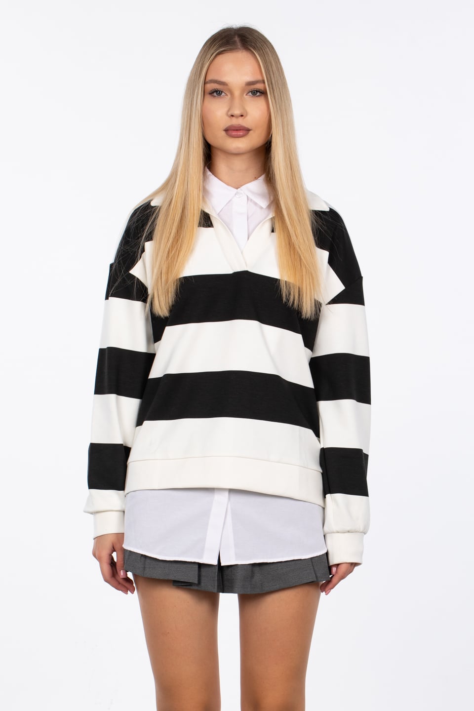 Çizgili polo yaka sweatshirt-99-381 Ekru/Siyah