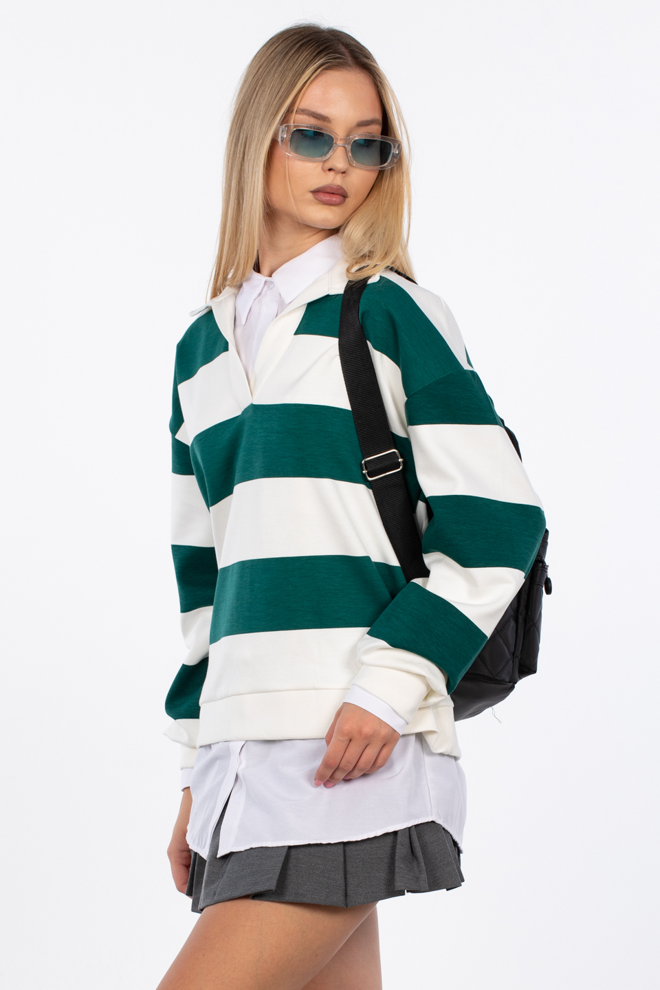 Çizgili polo yaka sweatshirt-99-381 Ekru/K.Yeşil