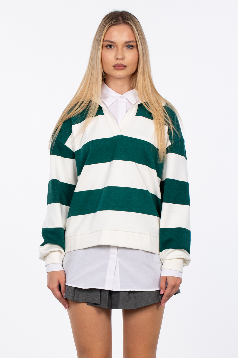 Çizgili polo yaka sweatshirt-99-381 Ekru/K.Yeşil