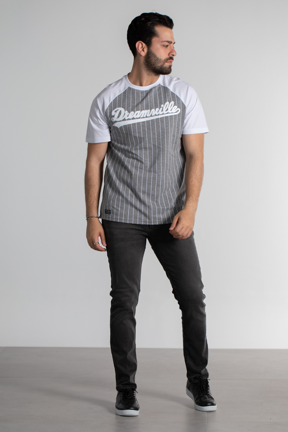Çizgili reglan kol oversize t-shirt-4458 Gri Melanj