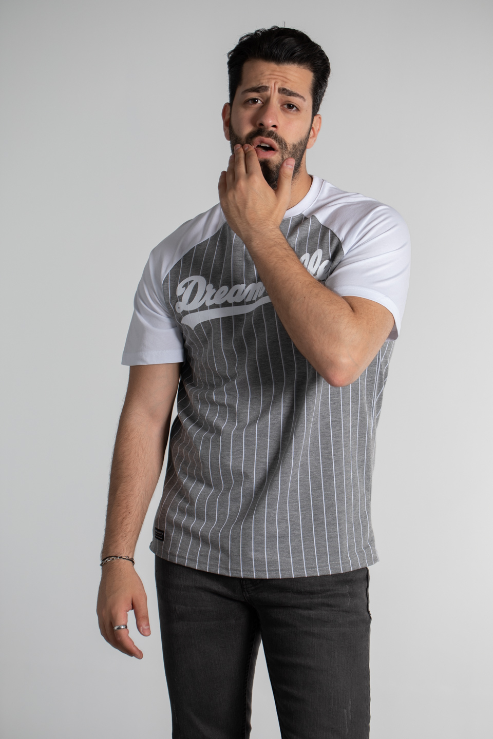 Çizgili reglan kol oversize t-shirt-4458 Gri Melanj