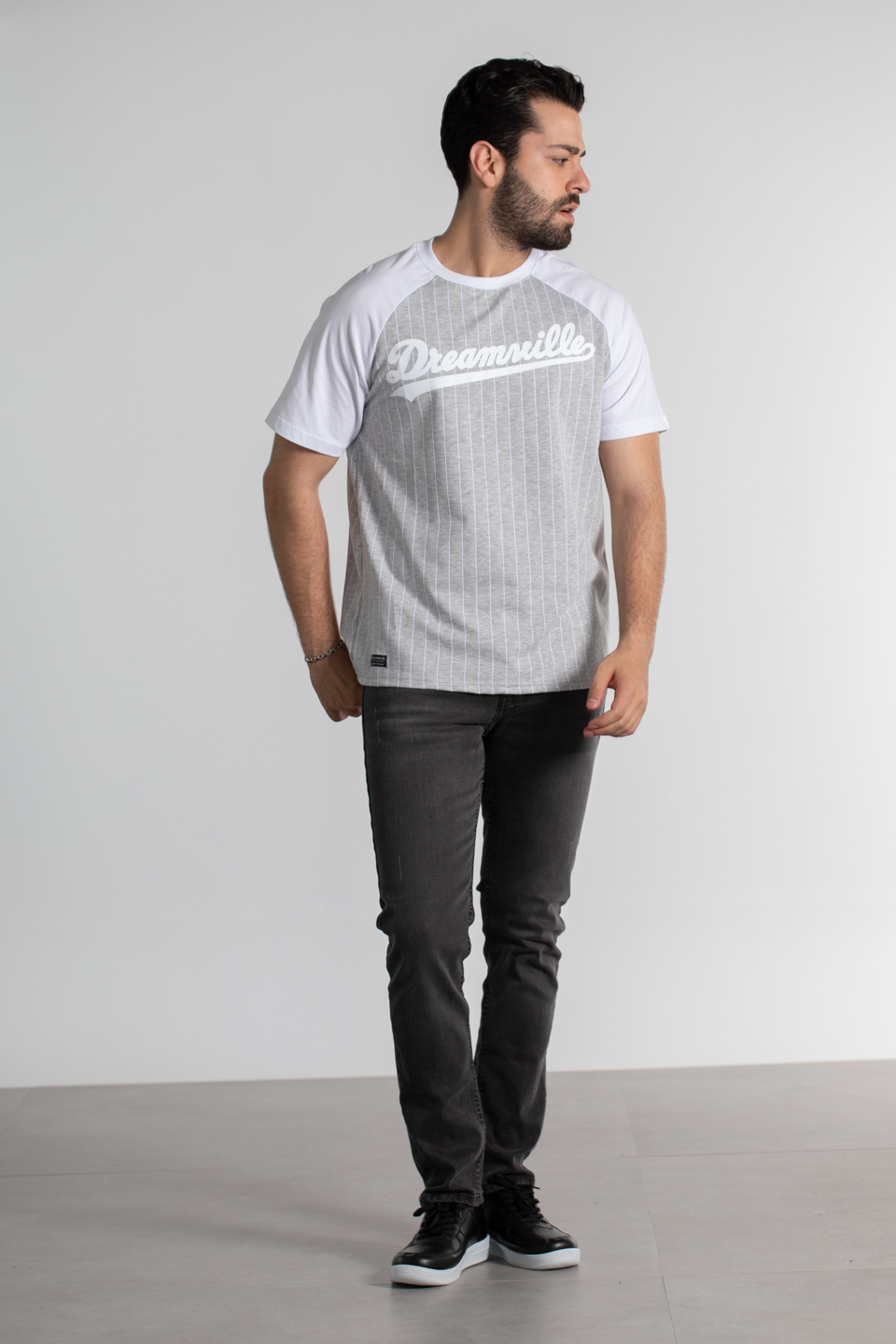 Çizgili reglan kol oversize t-shirt-4458 Kar Melanj