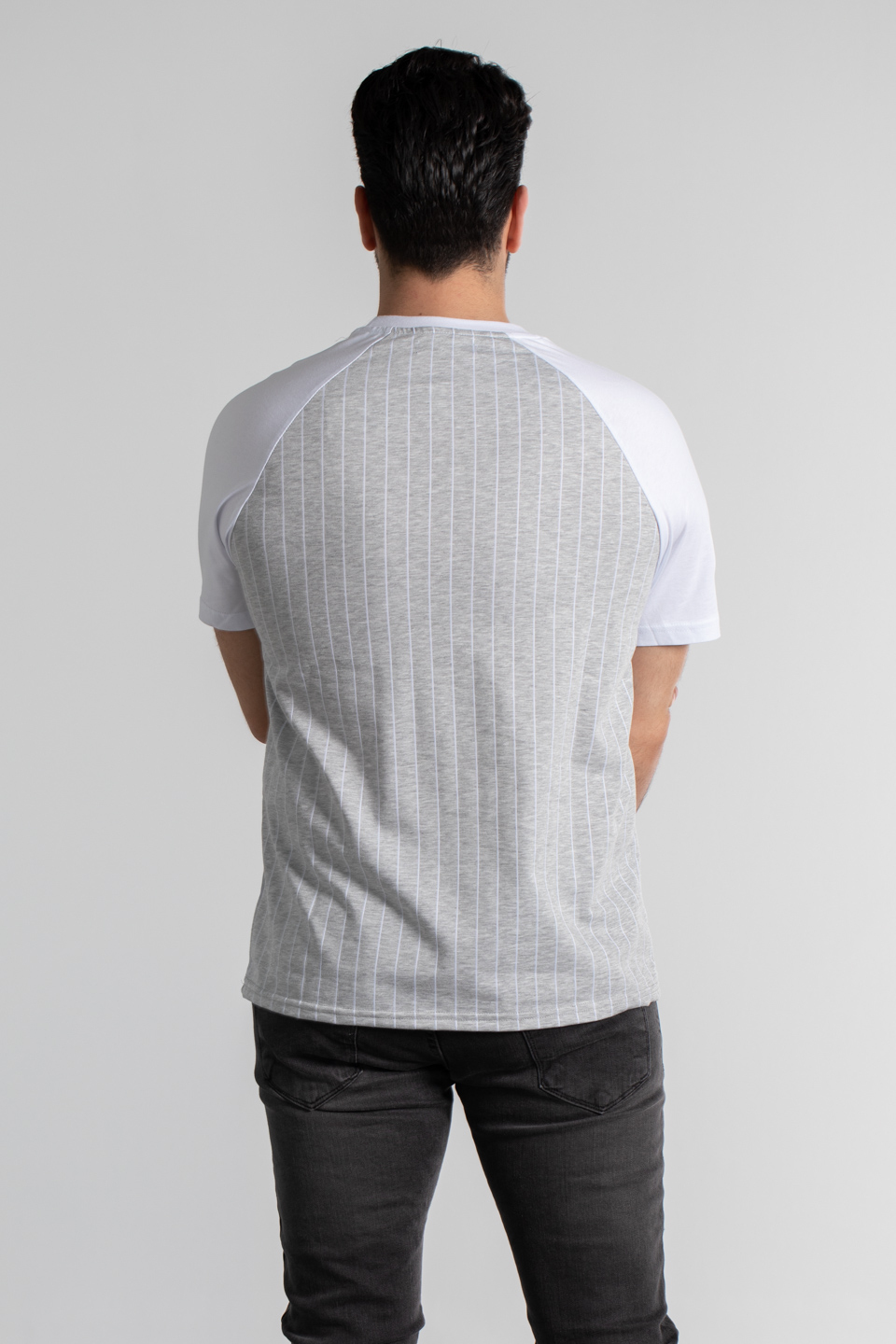 Çizgili reglan kol oversize t-shirt-4458 Kar Melanj