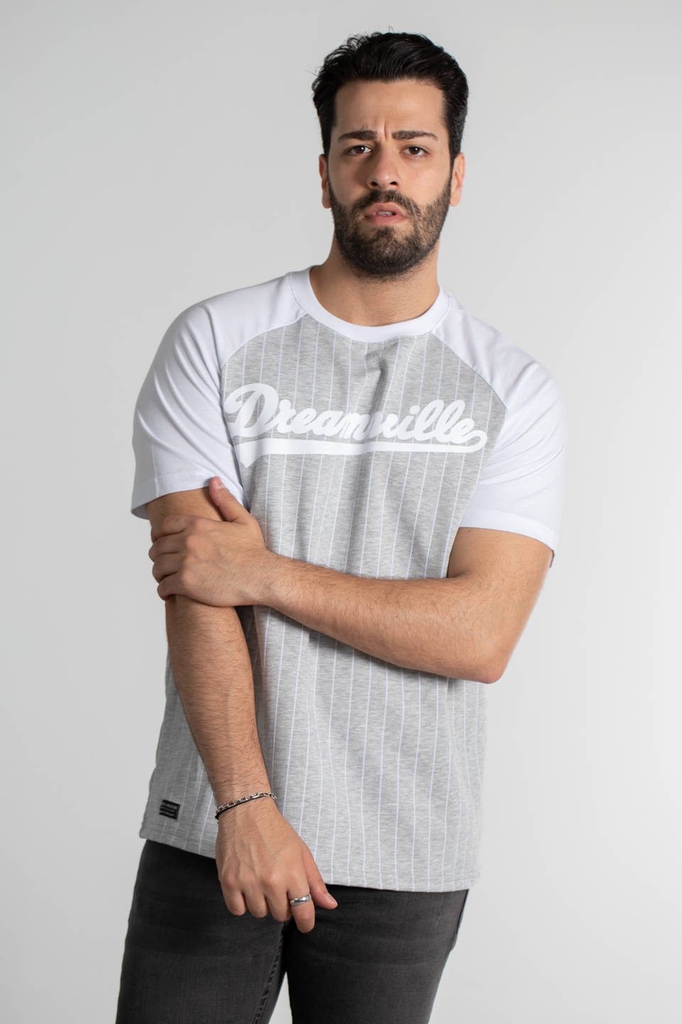 Çizgili reglan kol oversize t-shirt-4458 Kar Melanj