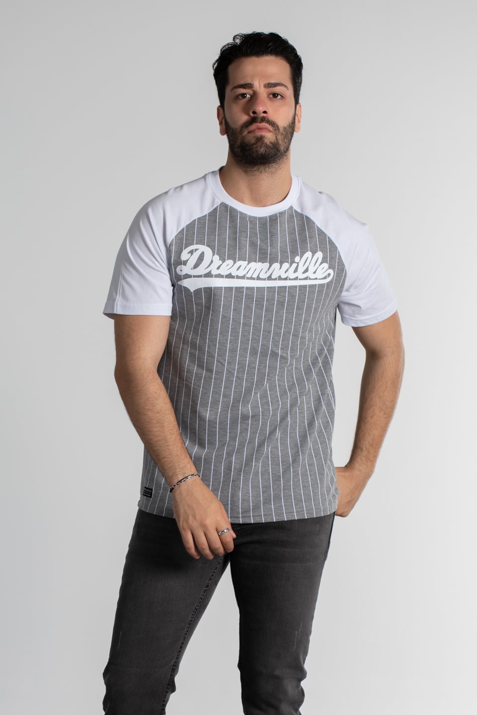 Çizgili reglan kol oversize t-shirt-4458 Gri Melanj