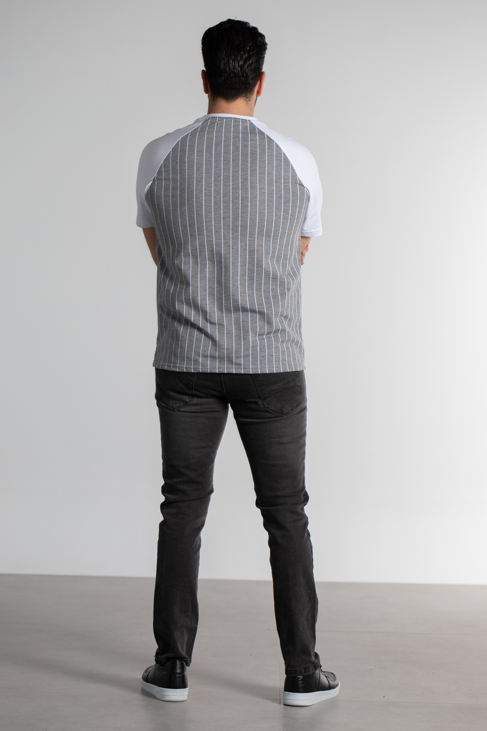 Çizgili reglan kol oversize t-shirt-4458 Gri Melanj