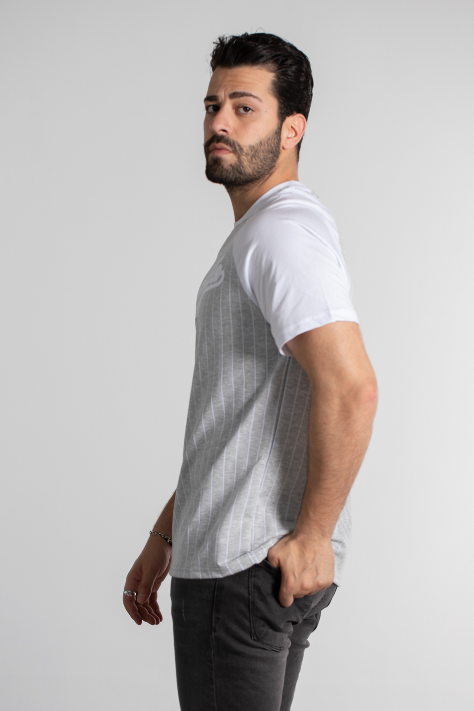 Çizgili reglan kol oversize t-shirt-4458 Kar Melanj