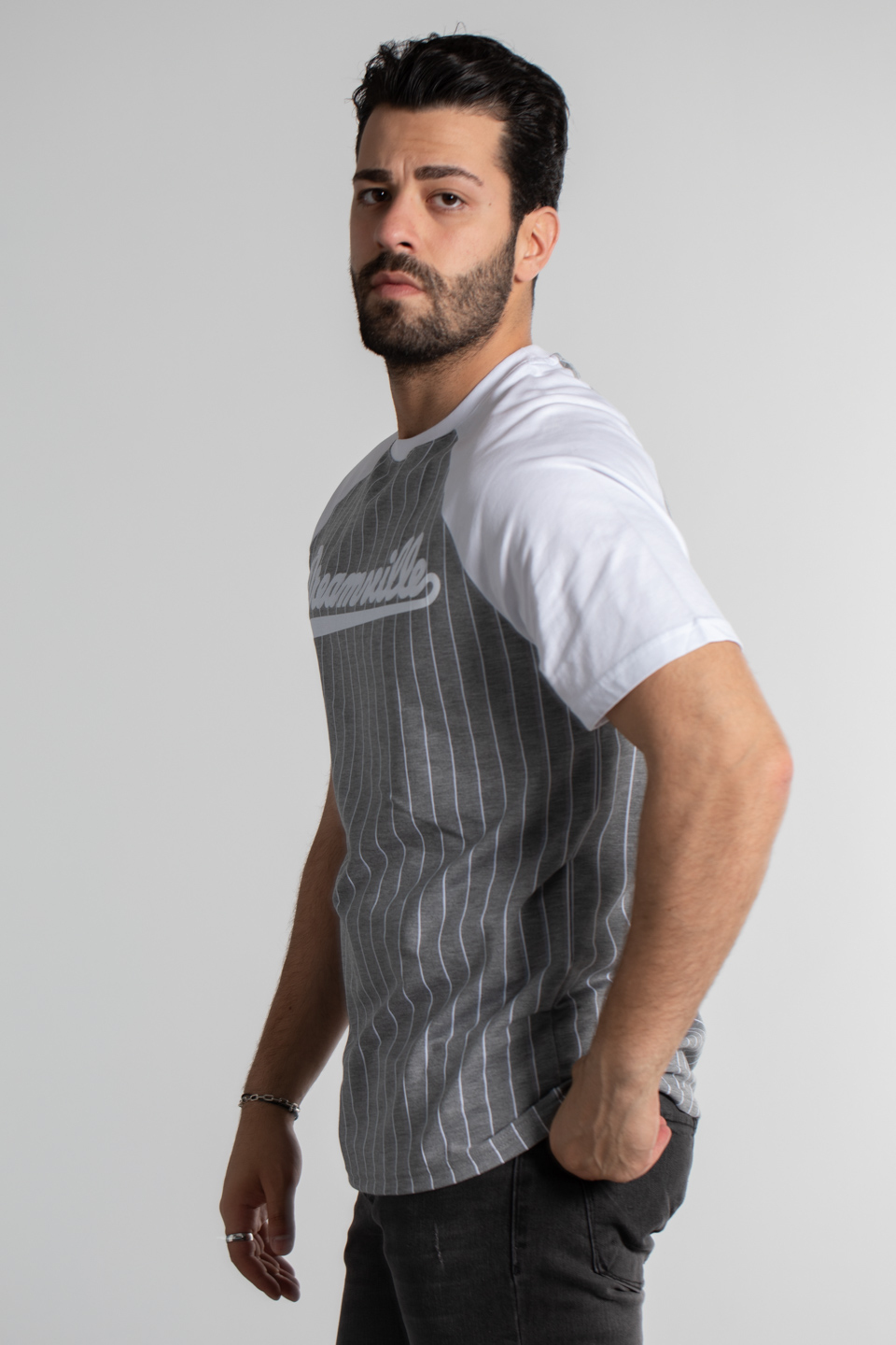 Çizgili reglan kol oversize t-shirt-4458 Gri Melanj