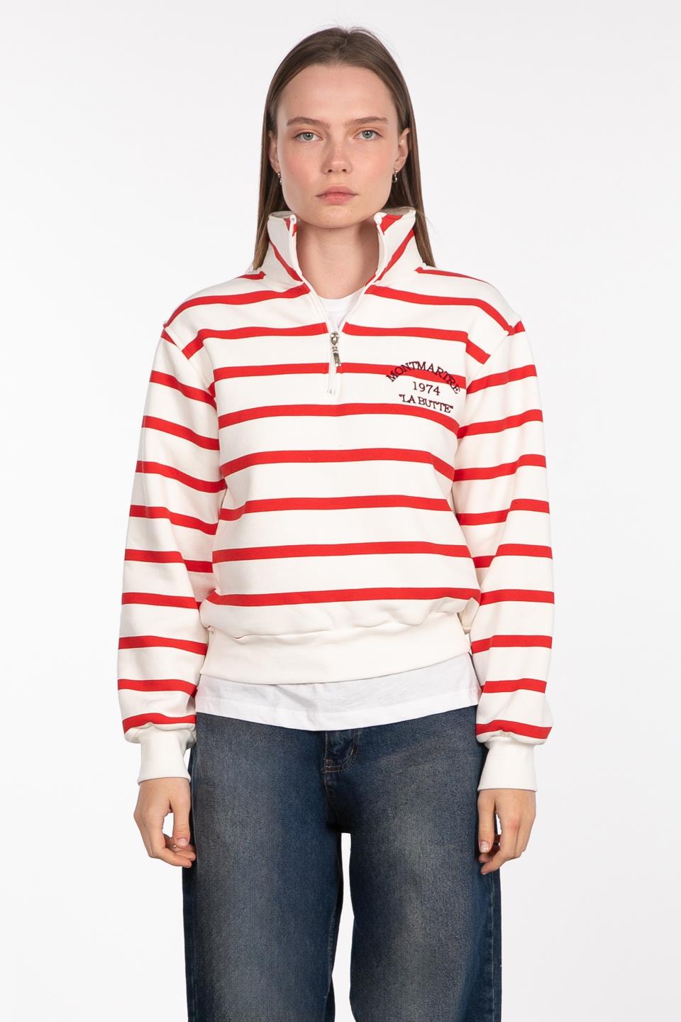Çizgili yarım fermuarlı baskılı sweatshirt-83-579 Ekru/Kırmızı