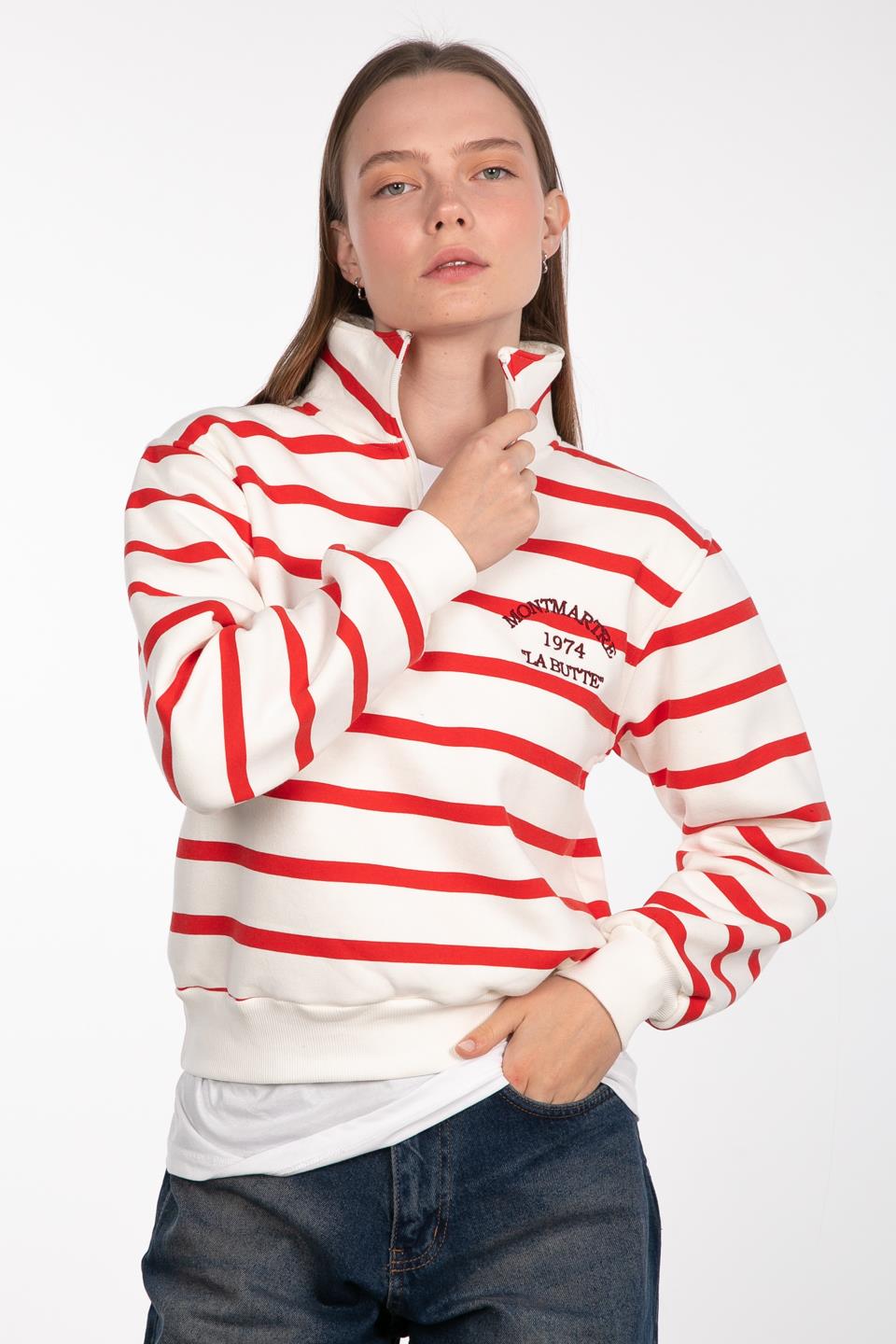 Çizgili yarım fermuarlı baskılı sweatshirt-83-579 Ekru/Kırmızı