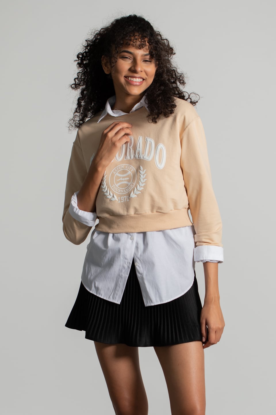Colorado Baskılı Kısa Sweatshirt - Bej