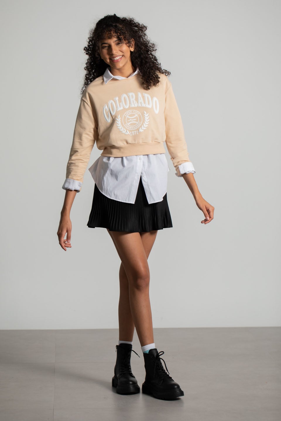 Colorado Baskılı Kısa Sweatshirt - Bej