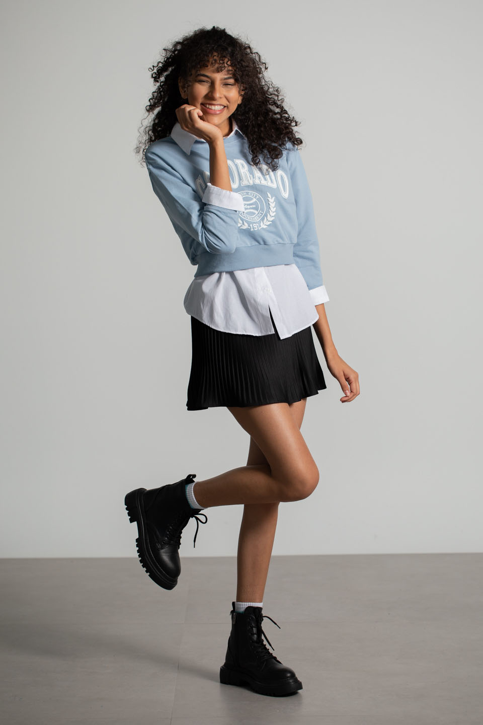 Colorado Baskılı Kısa Sweatshirt - Buz Mavisi