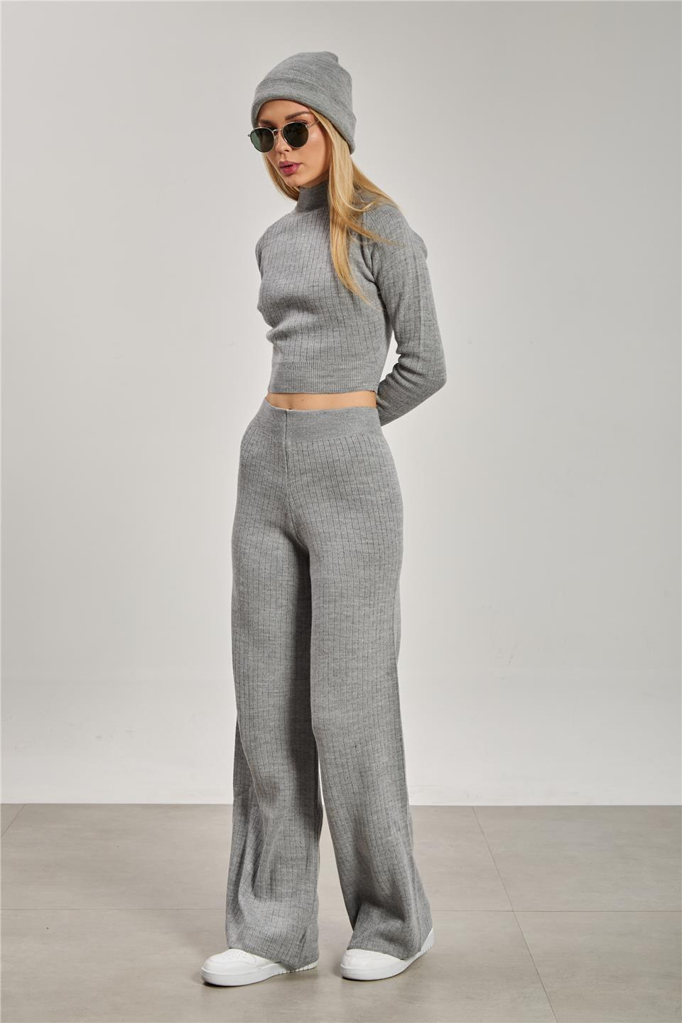 Crop kazak pantolon ikili takım-6478 Gri