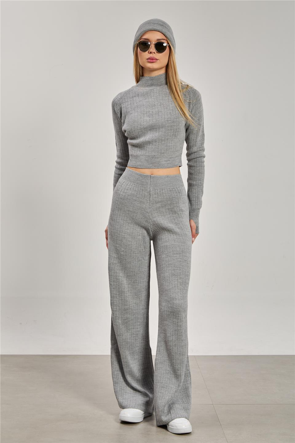 Crop kazak pantolon ikili takım-6478 Gri