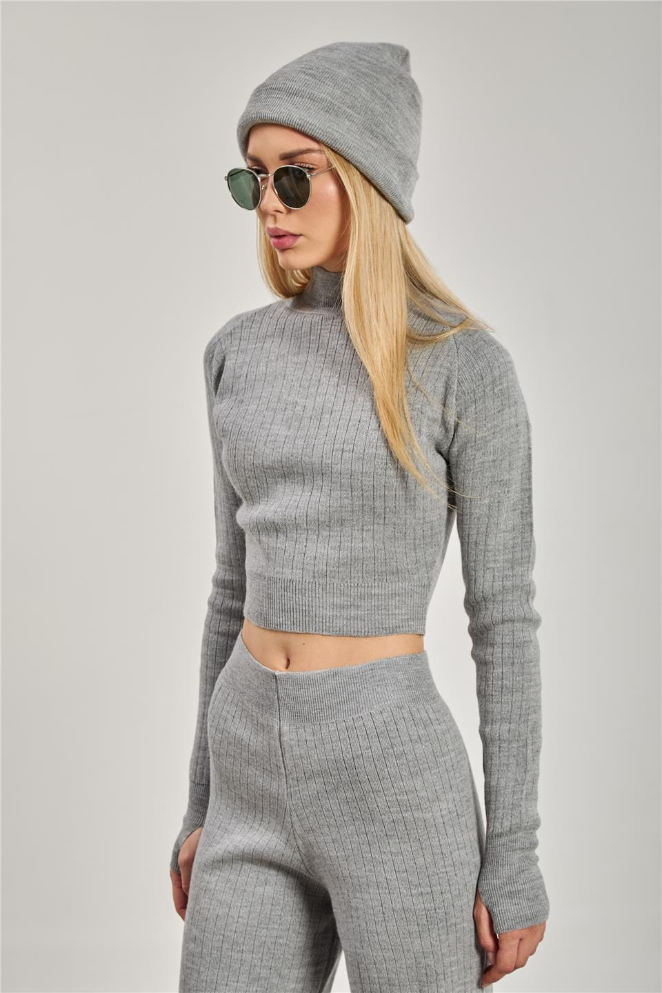 Crop kazak pantolon ikili takım-6478 Gri