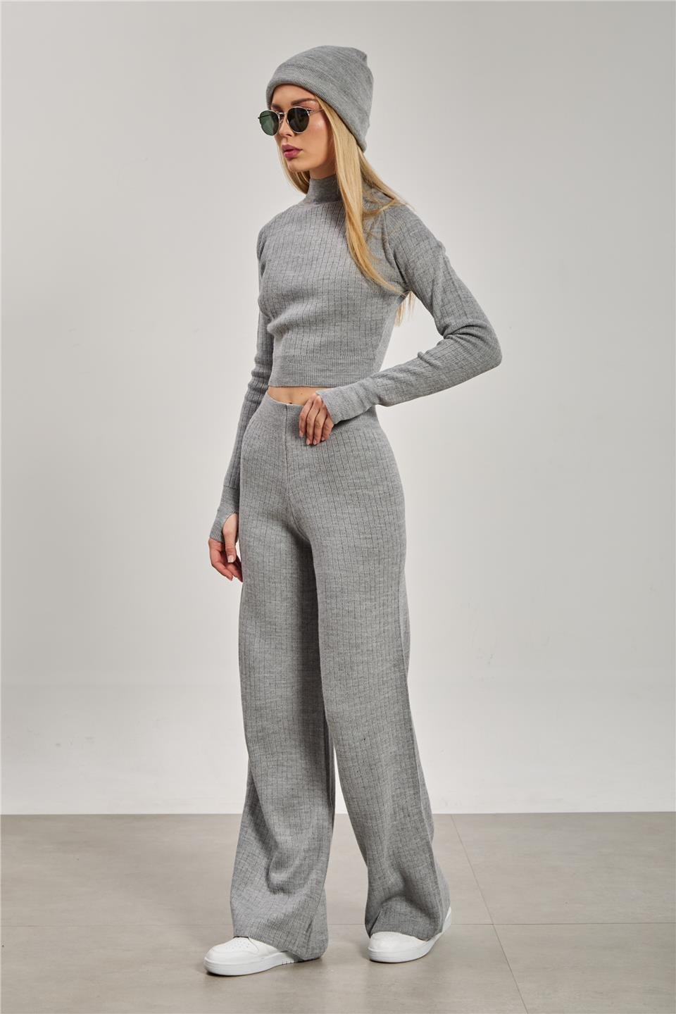 Crop kazak pantolon ikili takım-6478 Gri