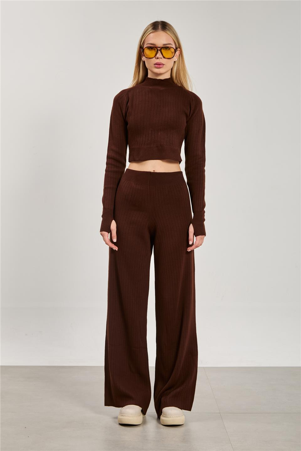 Crop kazak pantolon ikili takım-6478 Kahve