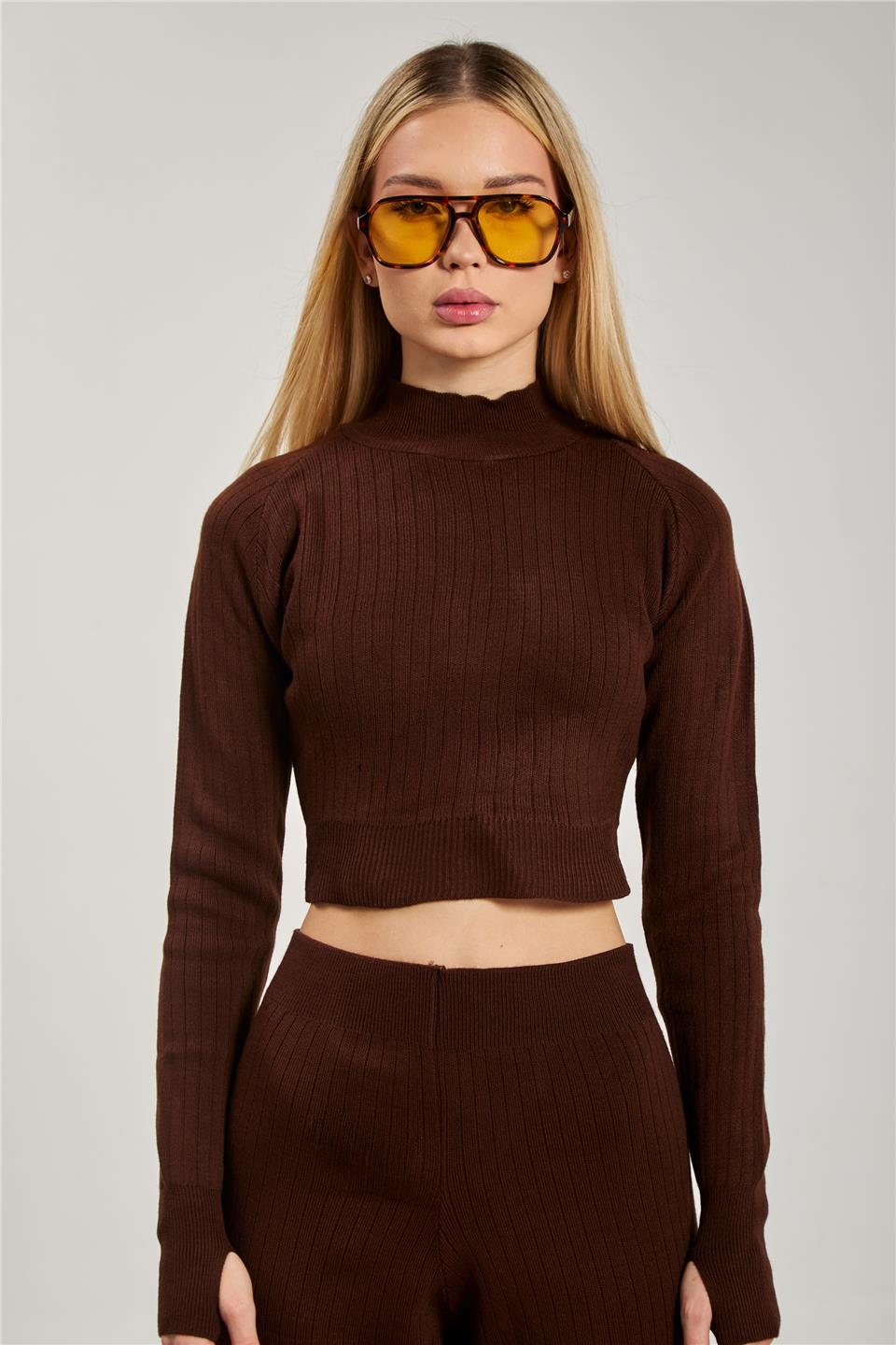 Crop kazak pantolon ikili takım-6478 Kahve