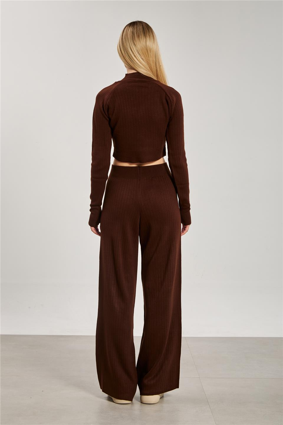 Crop kazak pantolon ikili takım-6478 Kahve