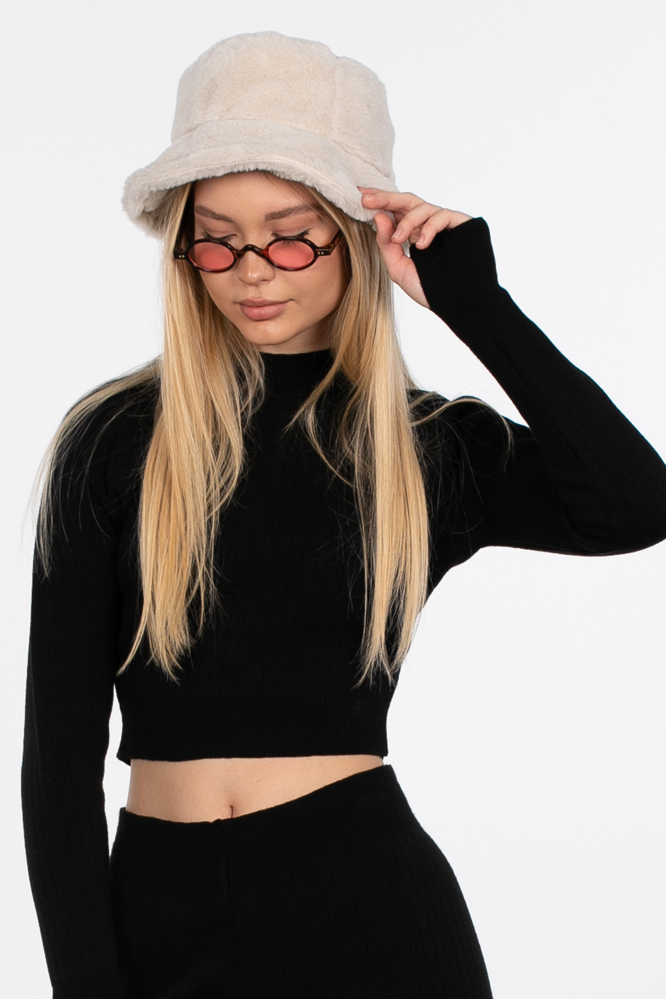 Crop kazak pantolon ikili triko takım-6478 Siyah