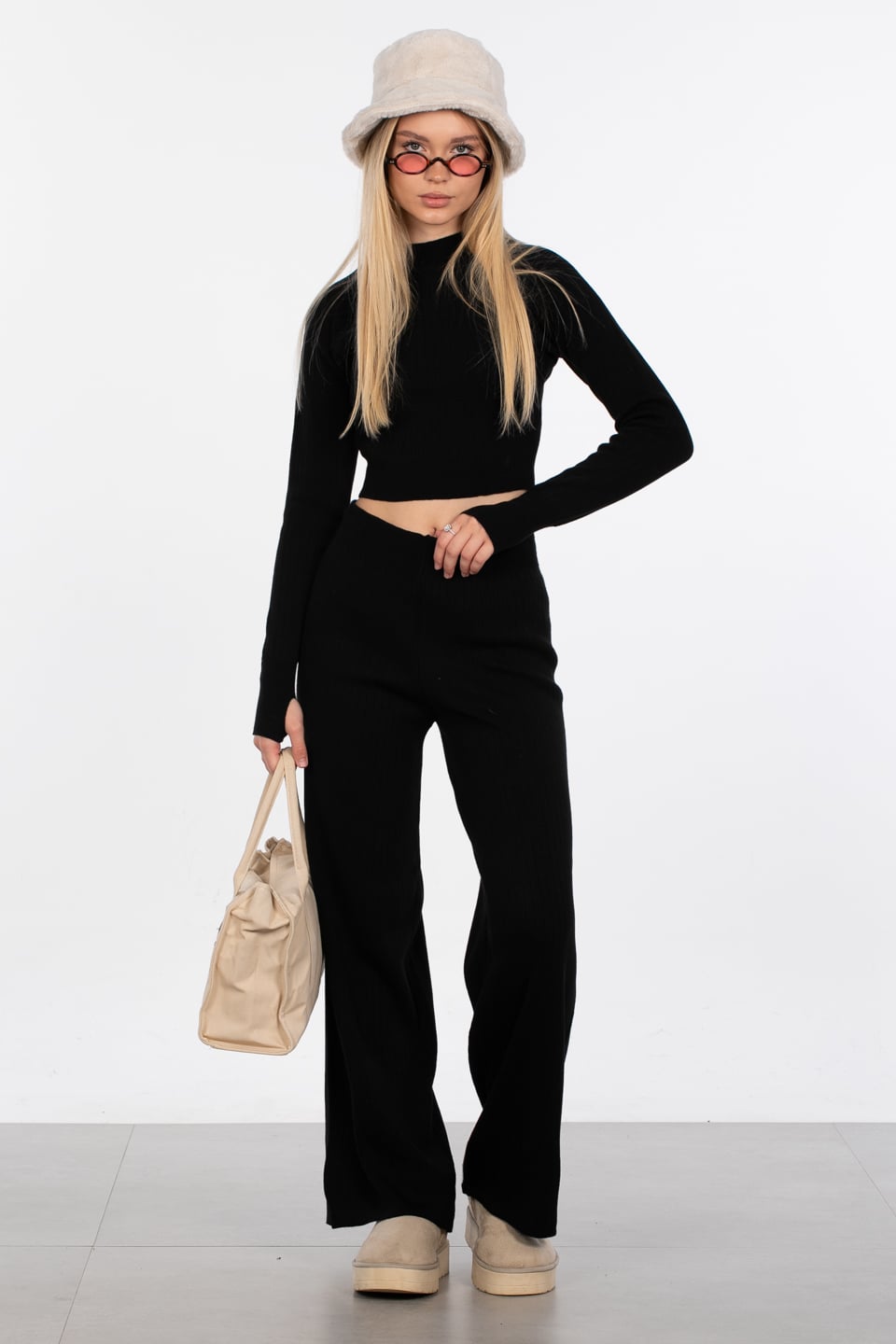 Crop kazak pantolon ikili triko takım-6478 Siyah