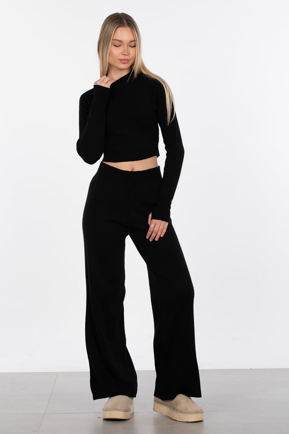 Crop kazak pantolon ikili triko takım-6478 Siyah