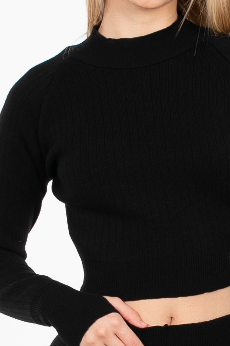 Crop kazak pantolon ikili triko takım-6478 Siyah