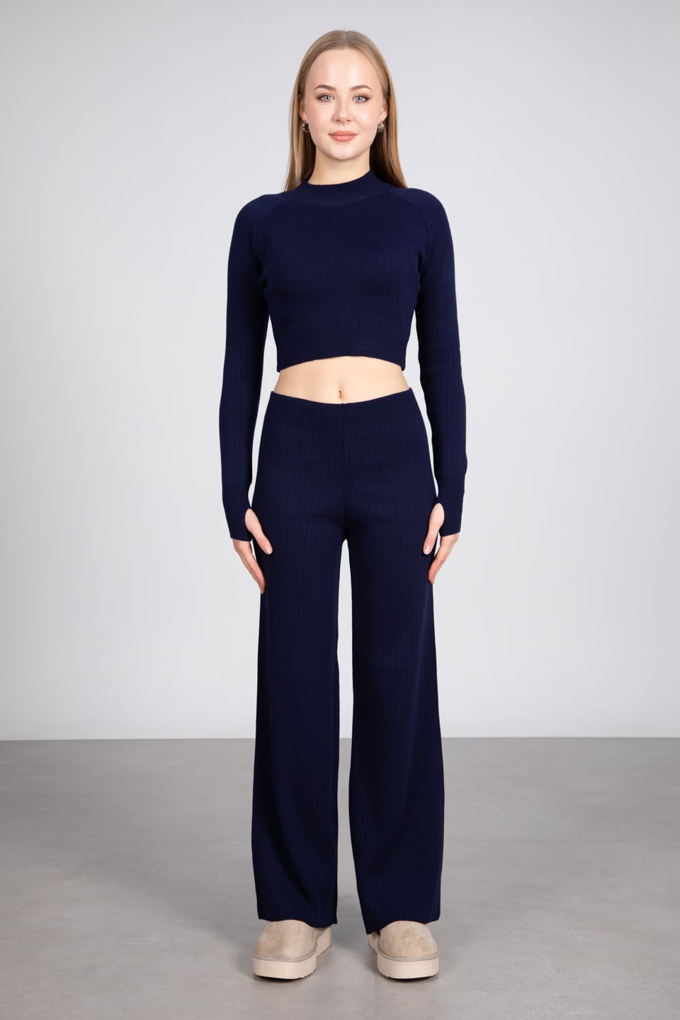 Crop kazak pantolon triko takım-6478 Lacivert