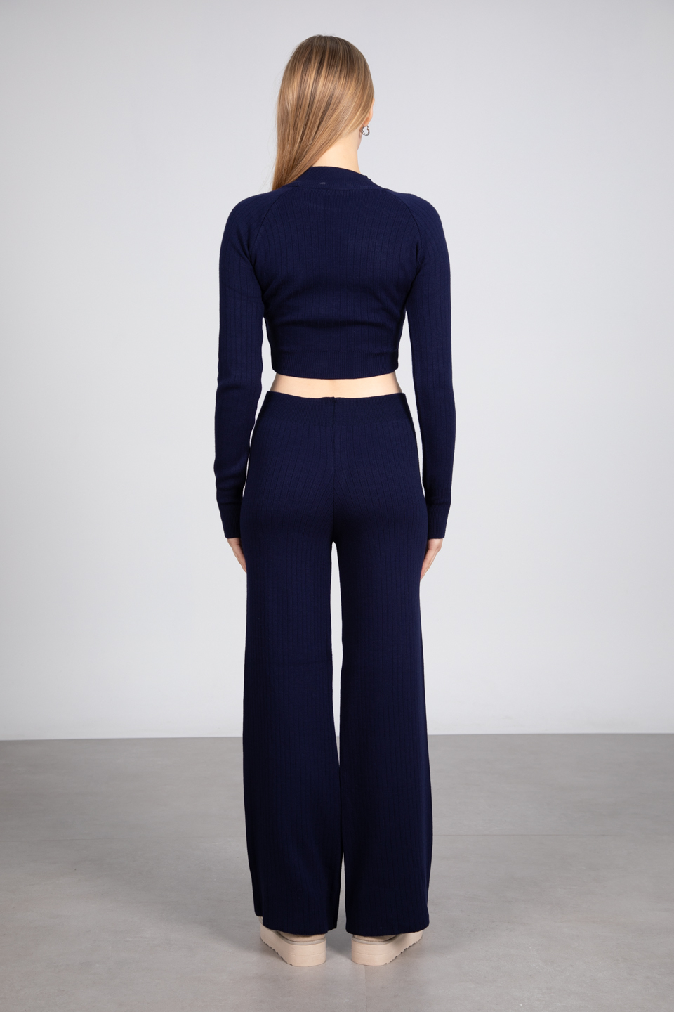 Crop kazak pantolon triko takım-6478 Lacivert